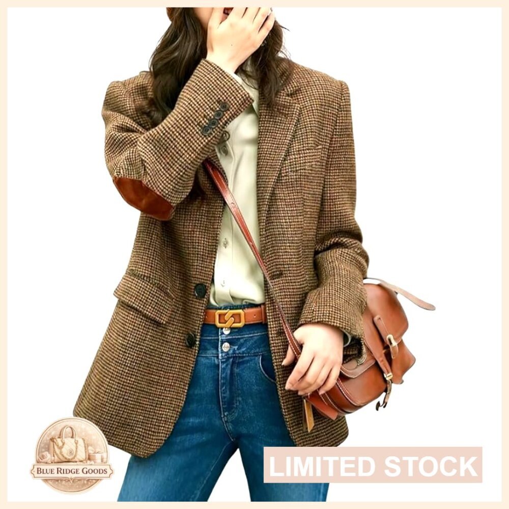 Wool Blend Blazer Classic Plaid Business Casual Work Coat Elegant Retro